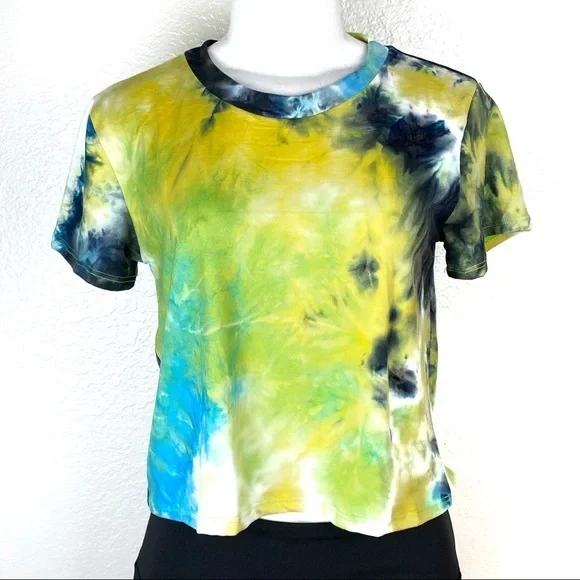 Be Free Los Angeles‎ Tie Dye Crop Top | Yellow Blue Black Short Sleeve Tee - Picture 4 of 9